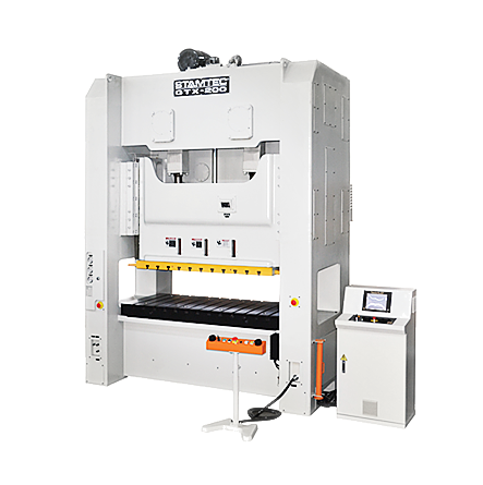 Stamtec GTX-200 2-point crankshaft straight side mechanical press with yellow safety striping and freestanding touchscreen control panel